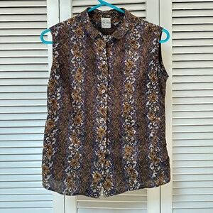 Vintage 1960s Cotton Batik Print Sleeveless Button Up Top Small